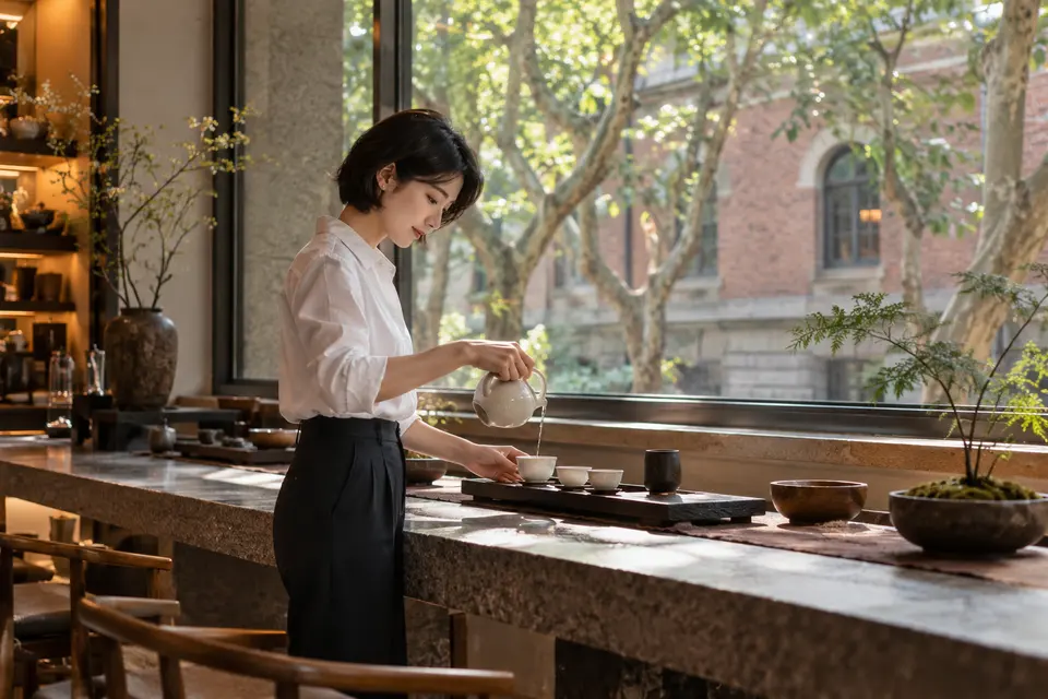 都市梧桐街区茶室里,白瓷茶具与倒茶动作
